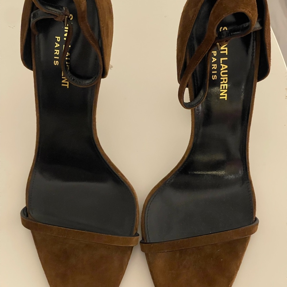 Saint Laurent Opyum Suede Logo Heel Sandals Brown 41.5 YSL Monogram Bronze - Picture 6 of 7